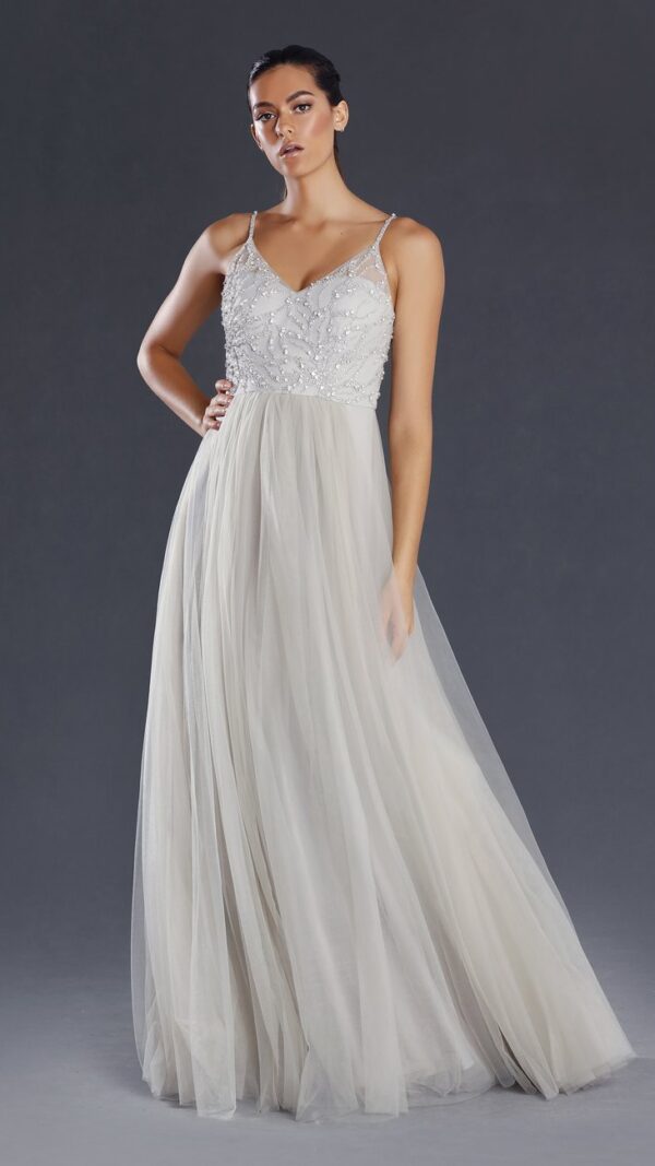 Jadore JX082, Tulle and beaded silver gown