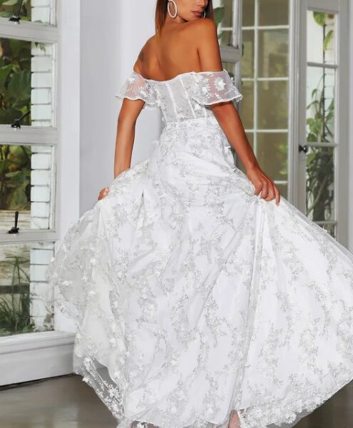 Jadore JX4009, sweetheart, off shoulder, boho, ivory silver size 20